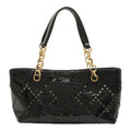 Chanel CC Logo Perforated Chain Tote Shoulder Bag Patent Leather Black Gold