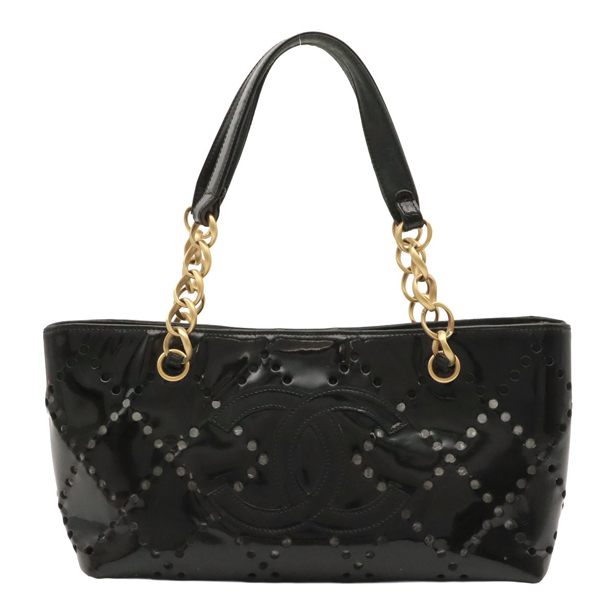Chanel CC Logo Perforated Chain Tote Shoulder Bag Patent Leather Black Gold
