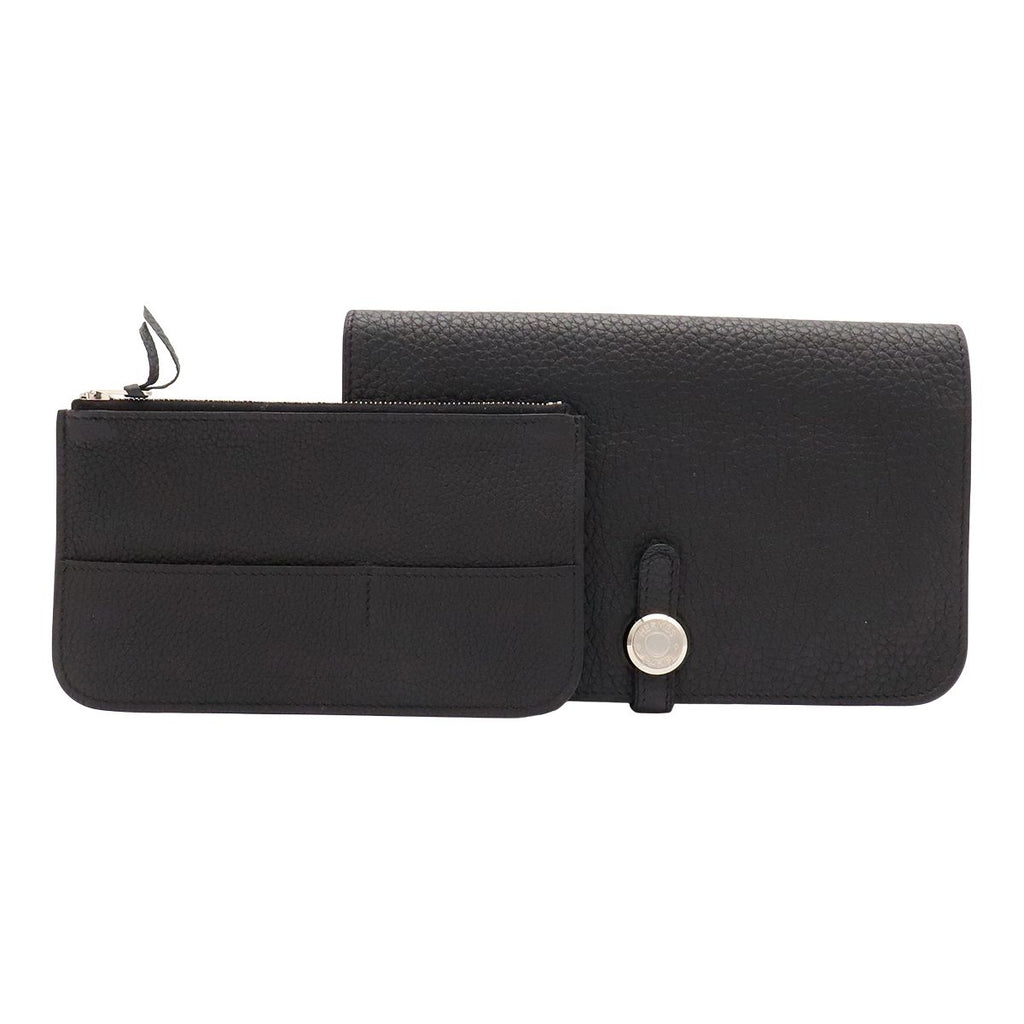 Hermes Dogon Duo GM Wallet Bifold Togo Leather Black Silver Coin