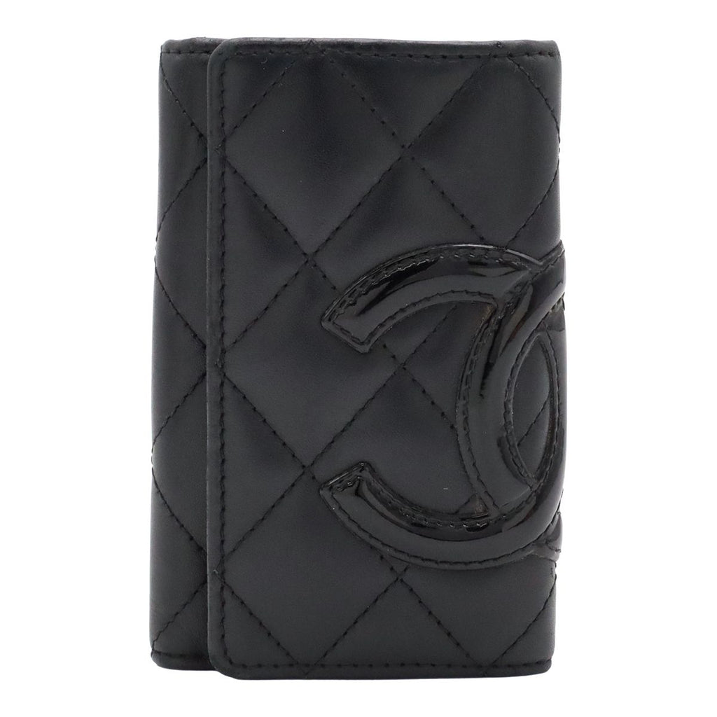 Chanel Cambon Line Key Case Calfskin Patent Black Pink Key Holder