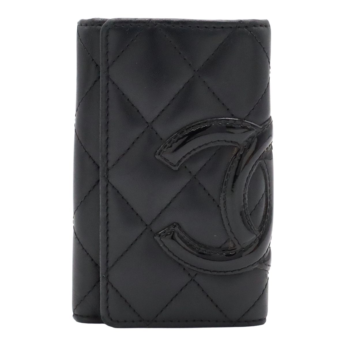 Chanel Cambon Line Key Case Calfskin Patent Black Pink Key Holder