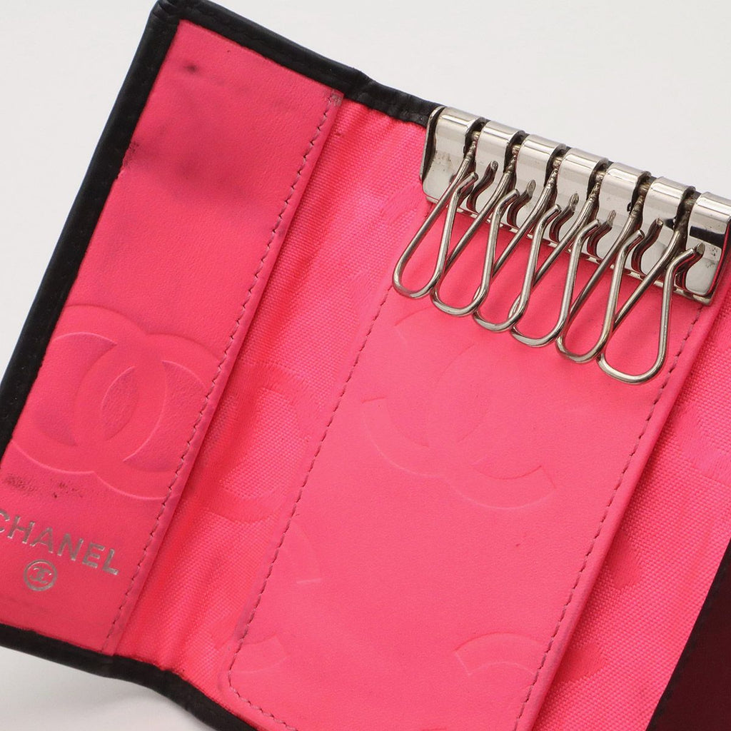 Chanel Cambon Line Key Case Calfskin Patent Black Pink Key Holder — view 5