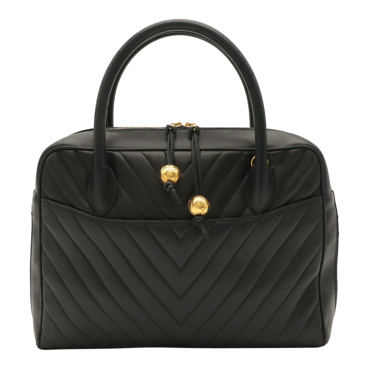 Chanel V-stitch Coco Ball Tote Bag Leather Black Gold