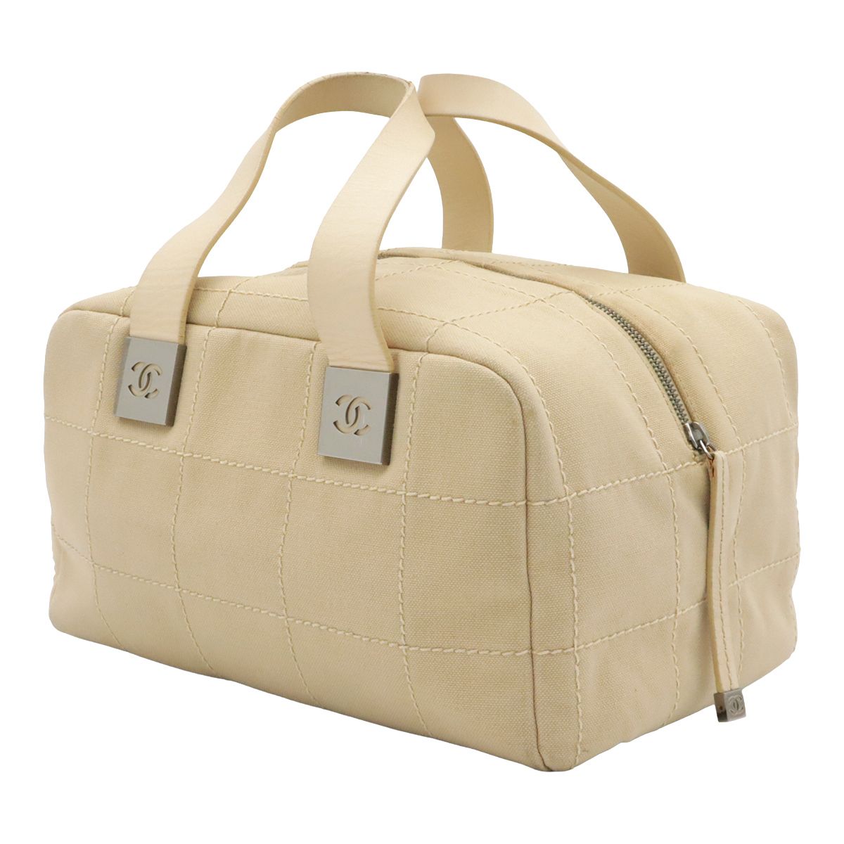 Chanel Choco Bar Wild Stitch CC Logo Mini Boston Bag Canvas Leather Beige Silver — view 2