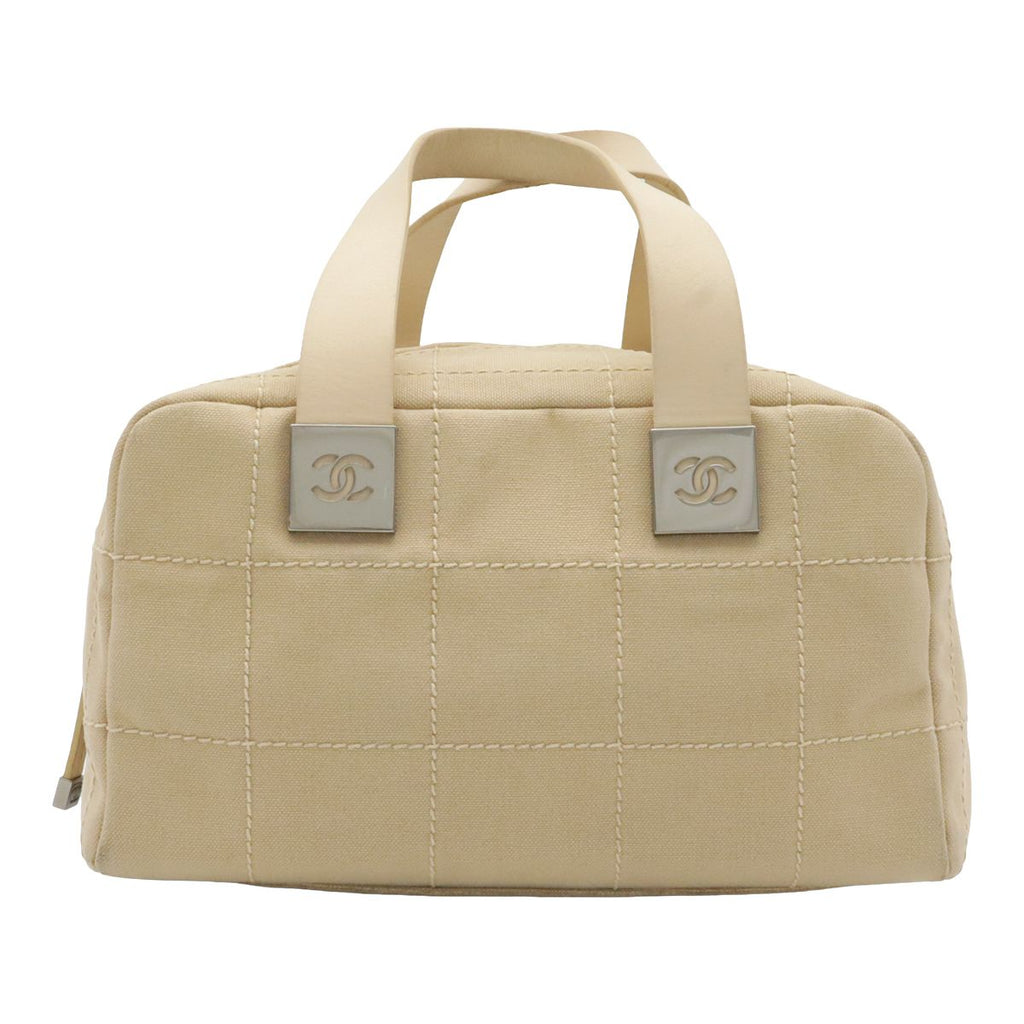 Chanel Choco Bar Wild Stitch CC Logo Mini Boston Bag Canvas Leather Beige Silver