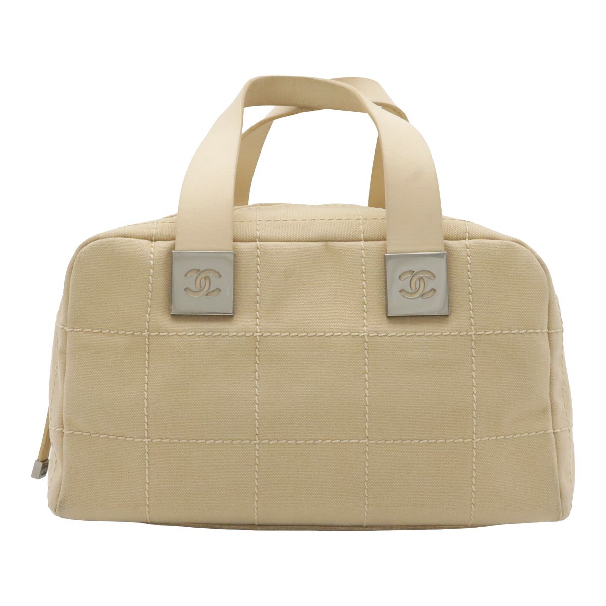 Chanel Choco Bar Wild Stitch CC Logo Mini Boston Bag Canvas Leather Beige Silver