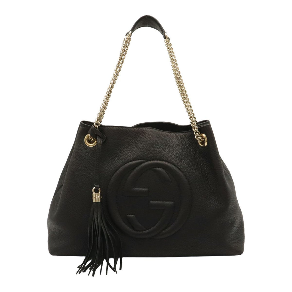Gucci Soho Interlocking G Logo Chain Shoulder Bag Tote Tassel Charm Leather