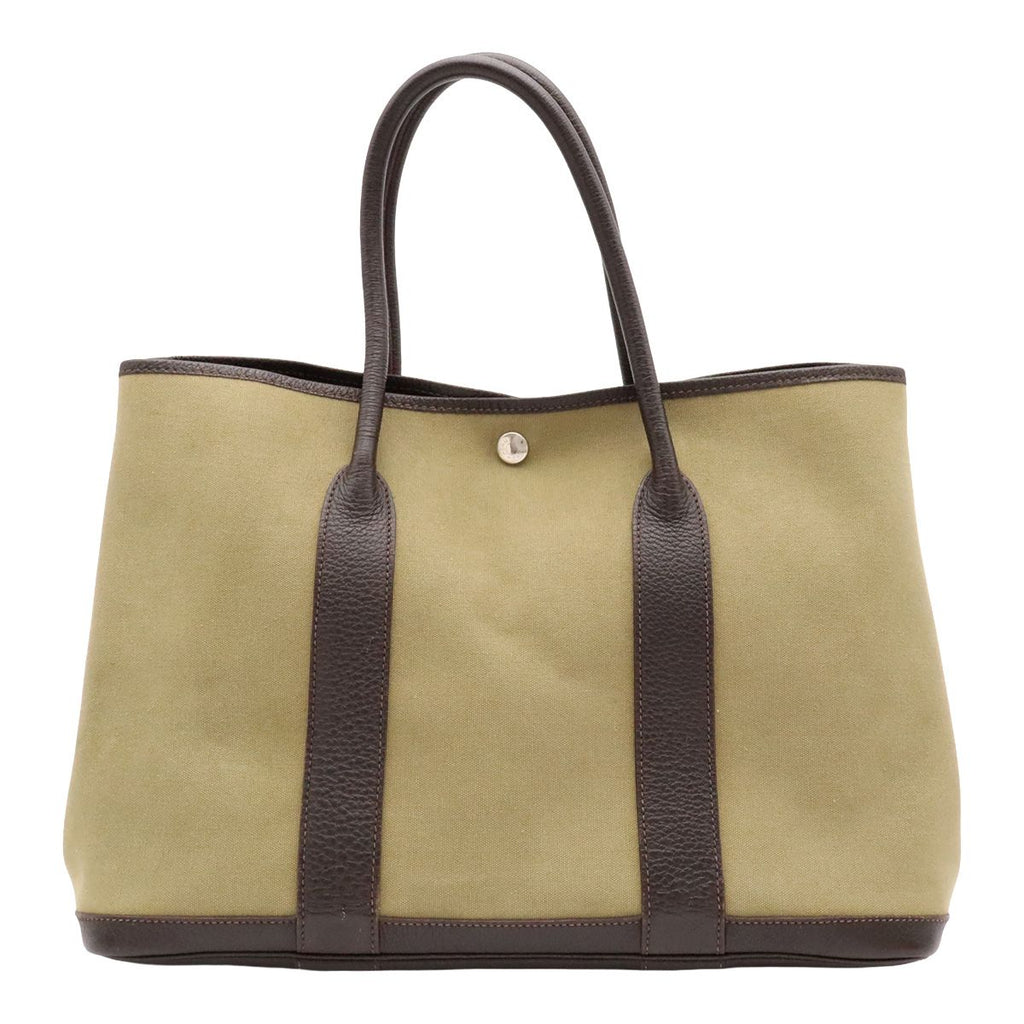 Hermes Garden Party PM Tote Bag Canvas Leather Khaki Dark Brown Silver