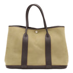 Hermes Garden Party PM Tote Bag Canvas Leather Khaki Dark Brown Silver