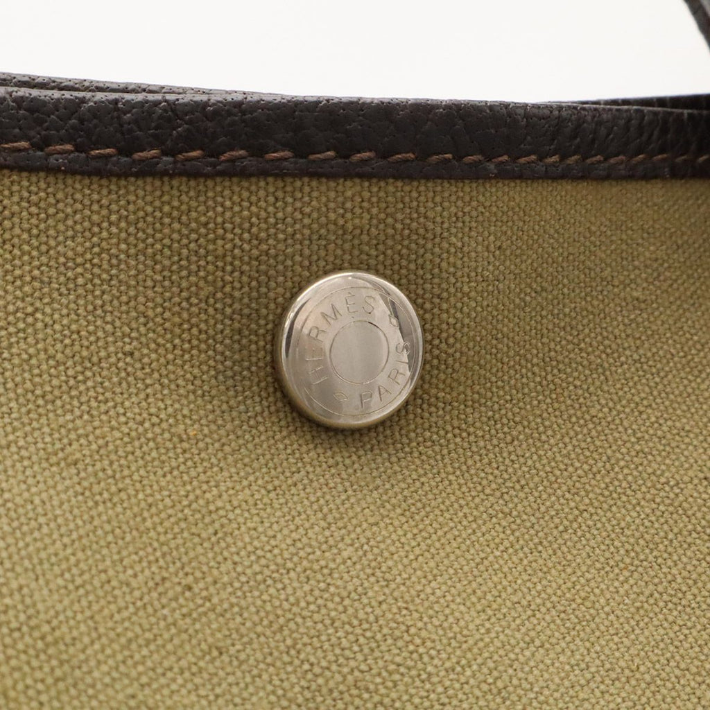 Hermes Garden Party PM Tote Bag Canvas Leather Khaki Dark Brown Silver — view 6