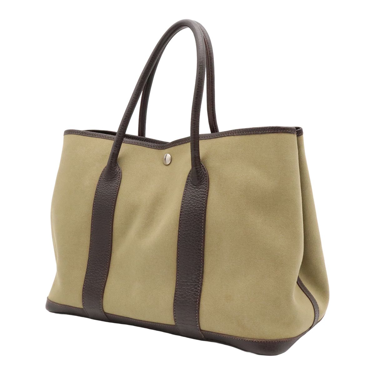 Hermes Garden Party PM Tote Bag Canvas Leather Khaki Dark Brown Silver — view 2