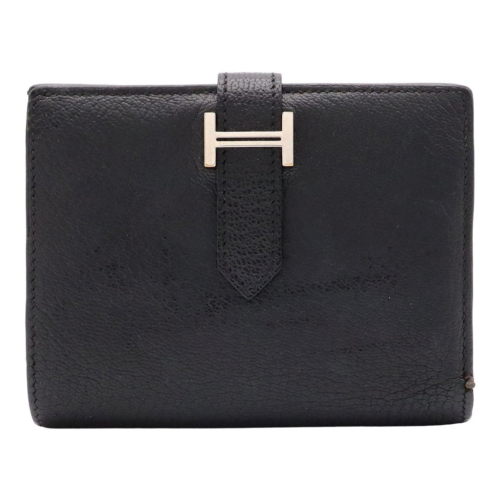 Hermes Bearn Compact Bifold Wallet Leather Black Silver