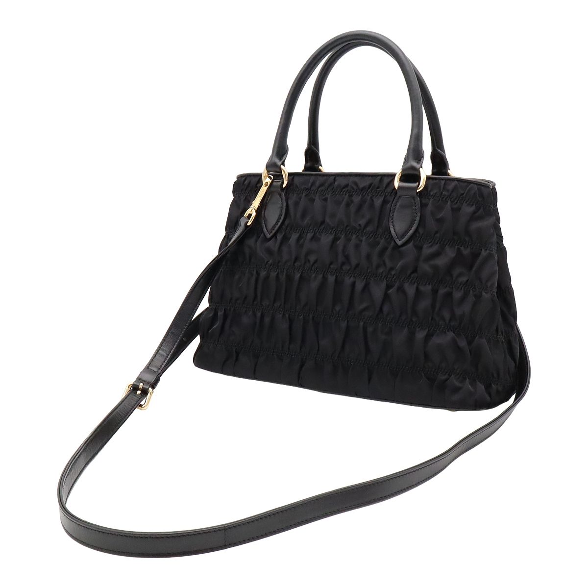 Prada 2-Way Shoulder Bag Crossbody Gathered Nylon Leather Nero Black Gold — view 2