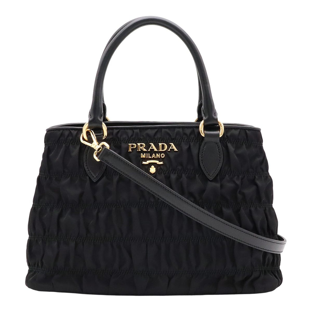 Prada 2-Way Shoulder Bag Crossbody Gathered Nylon Leather Nero Black Gold