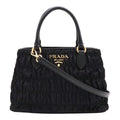 Prada 2-Way Shoulder Bag Crossbody Gathered Nylon Leather Nero Black Gold