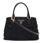 Prada 2-Way Shoulder Bag Crossbody Gathered Nylon Leather Nero Black Gold