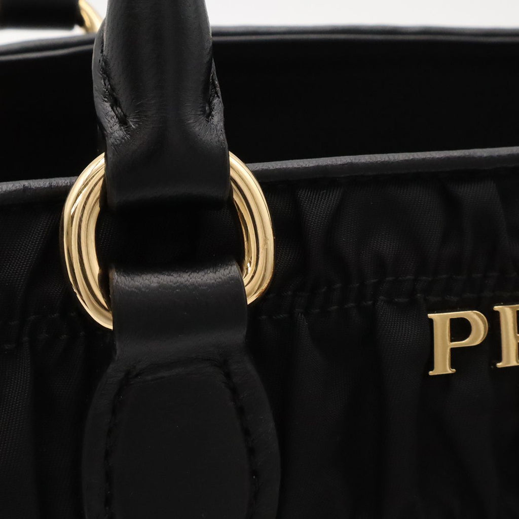 Prada 2-Way Shoulder Bag Crossbody Gathered Nylon Leather Nero Black Gold — view 6