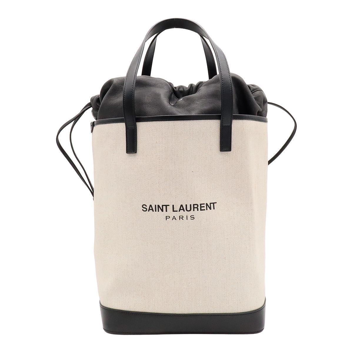 Saint Laurent Paris YSL Teddy Tote Bag Drawstring Leather Natural Black