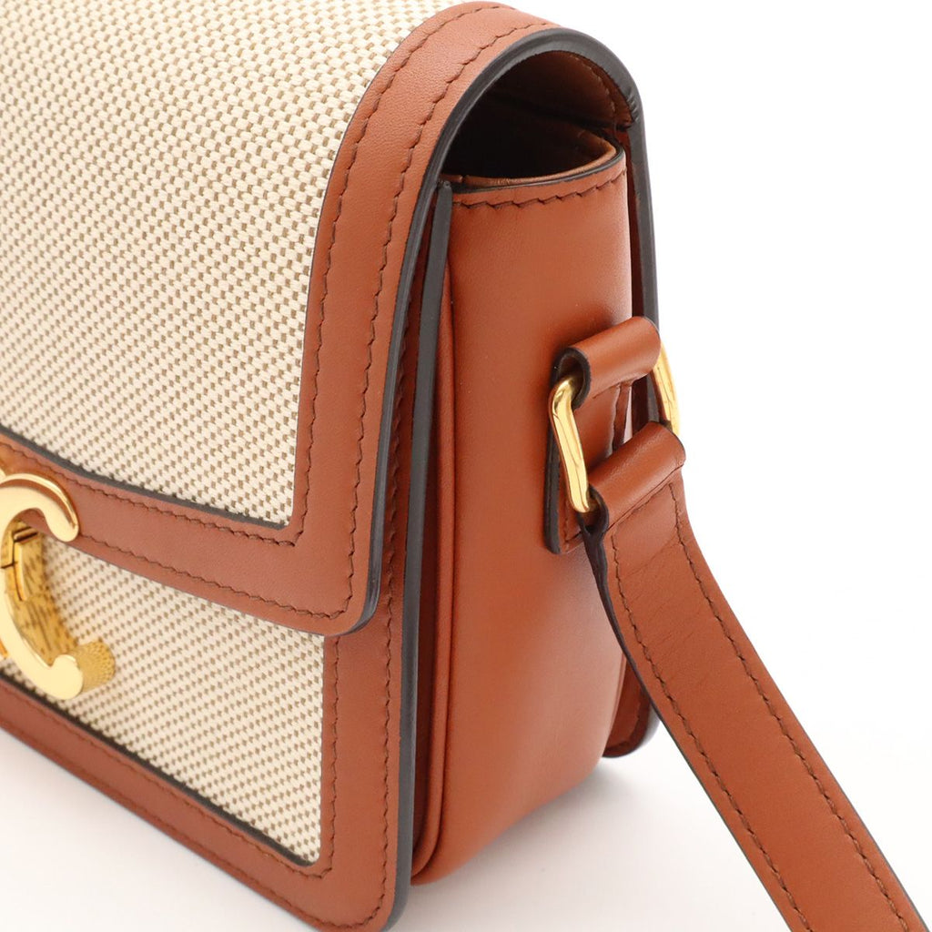 Celine Teen Triomphe Pochette Shoulder Bag Canvas Leather Natural Tan Brown Gold — view 6