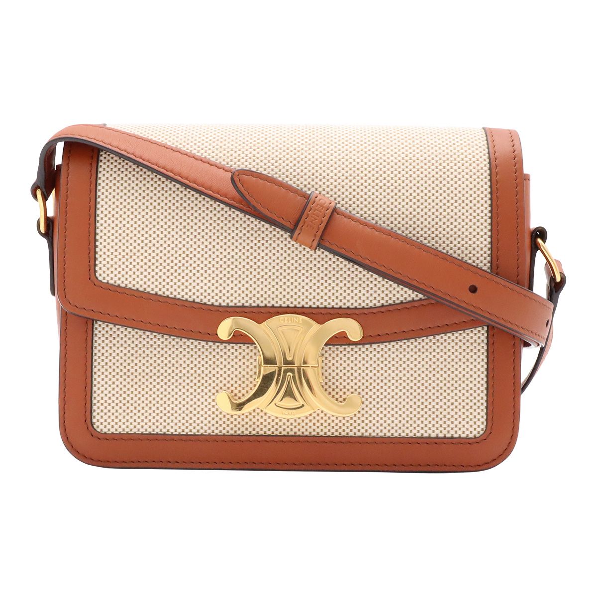 Celine Teen Triomphe Pochette Shoulder Bag Canvas Leather Natural Tan Brown Gold