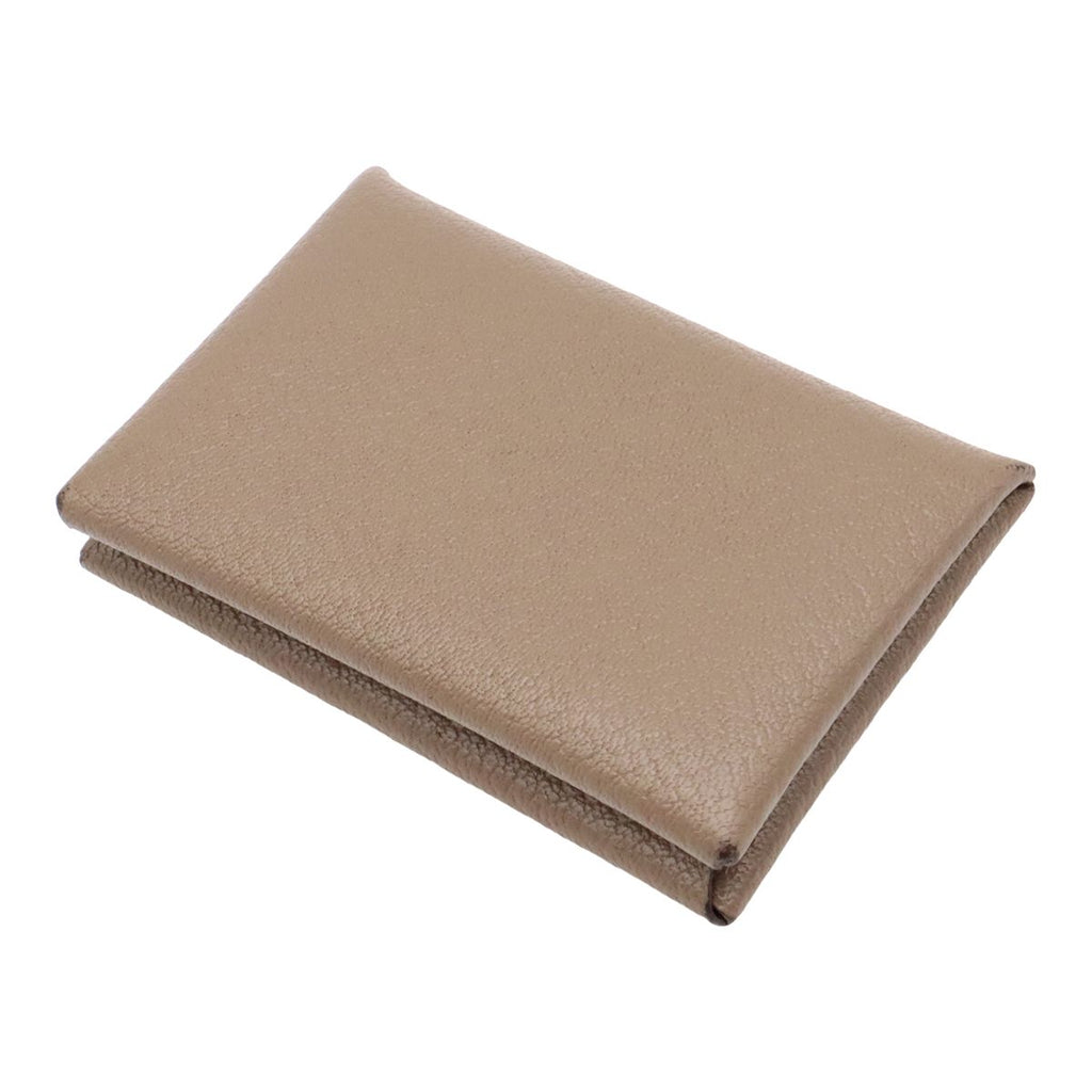 Hermes Calvi Card Case Business Chevre Leather Etoupe Greige Silver — view 2