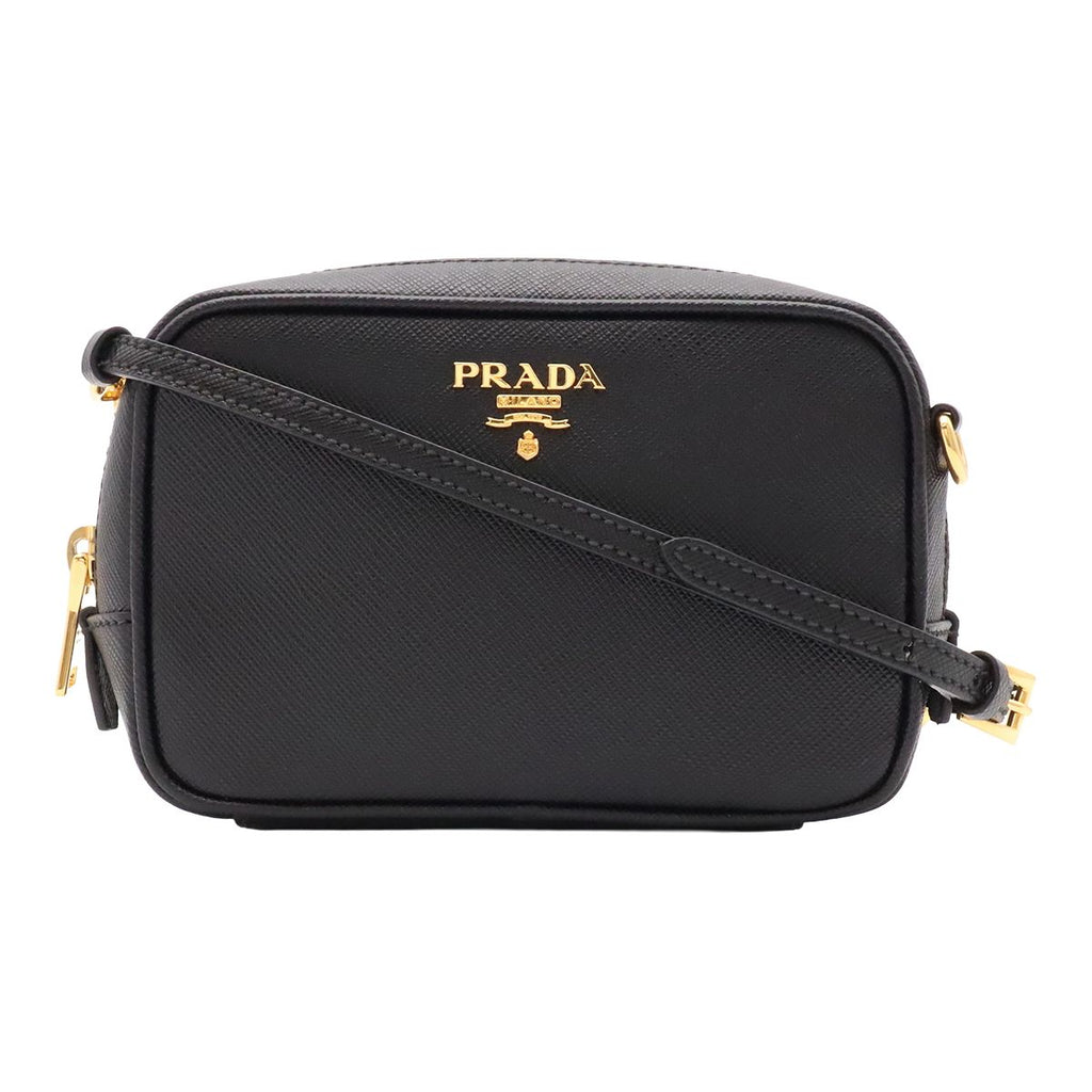 Prada Saffiano Shoulder Bag Pochette 2-Way Pouch Case Leather Nero Black Gold