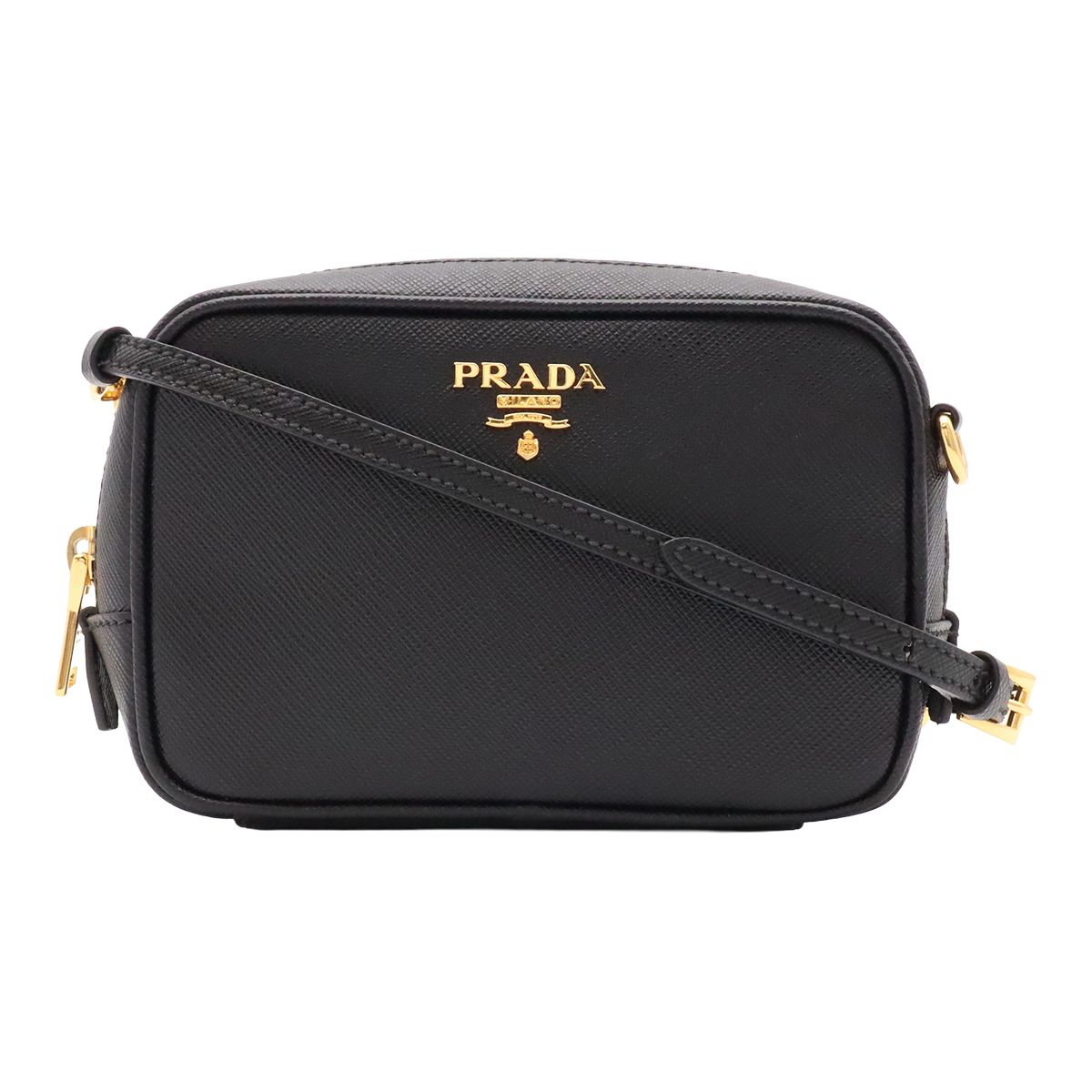Prada Saffiano Shoulder Bag Pochette 2-Way Pouch Case Leather Nero Black Gold