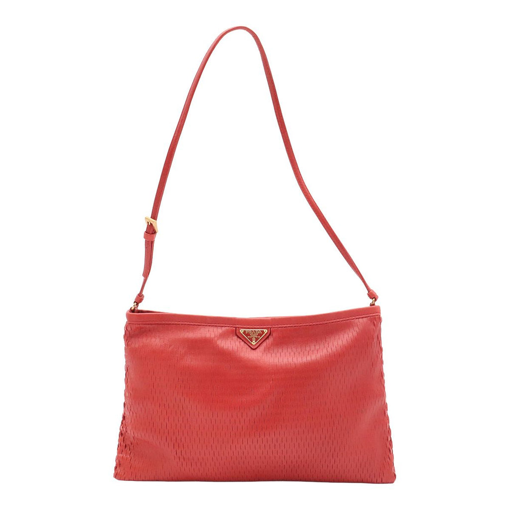 Prada Triangle Logo Shoulder Bag Slash Notch Leather Red Gold