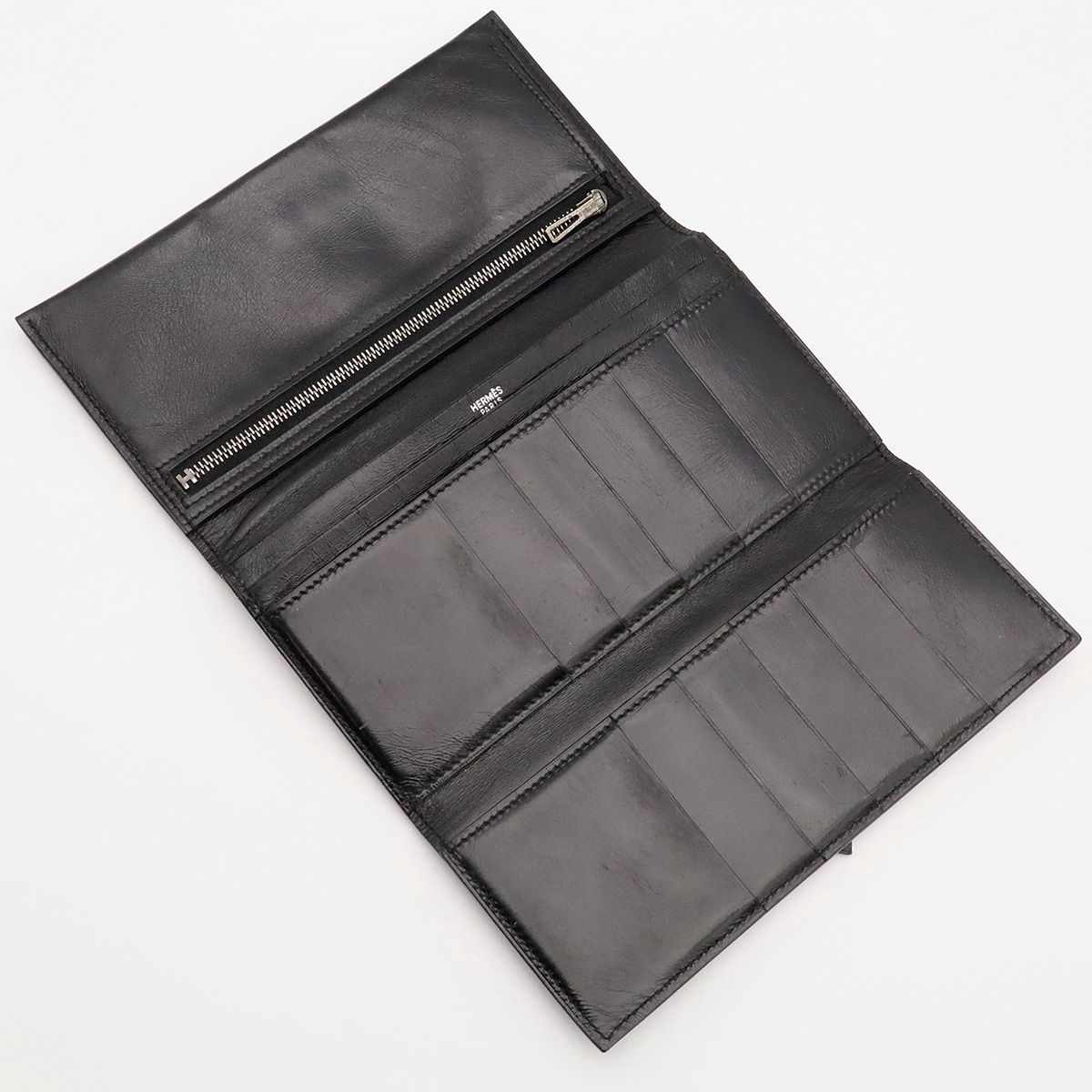Hermes Bearn Dupri Wallet Trifold Box Calf Leather Black Silver — view 5