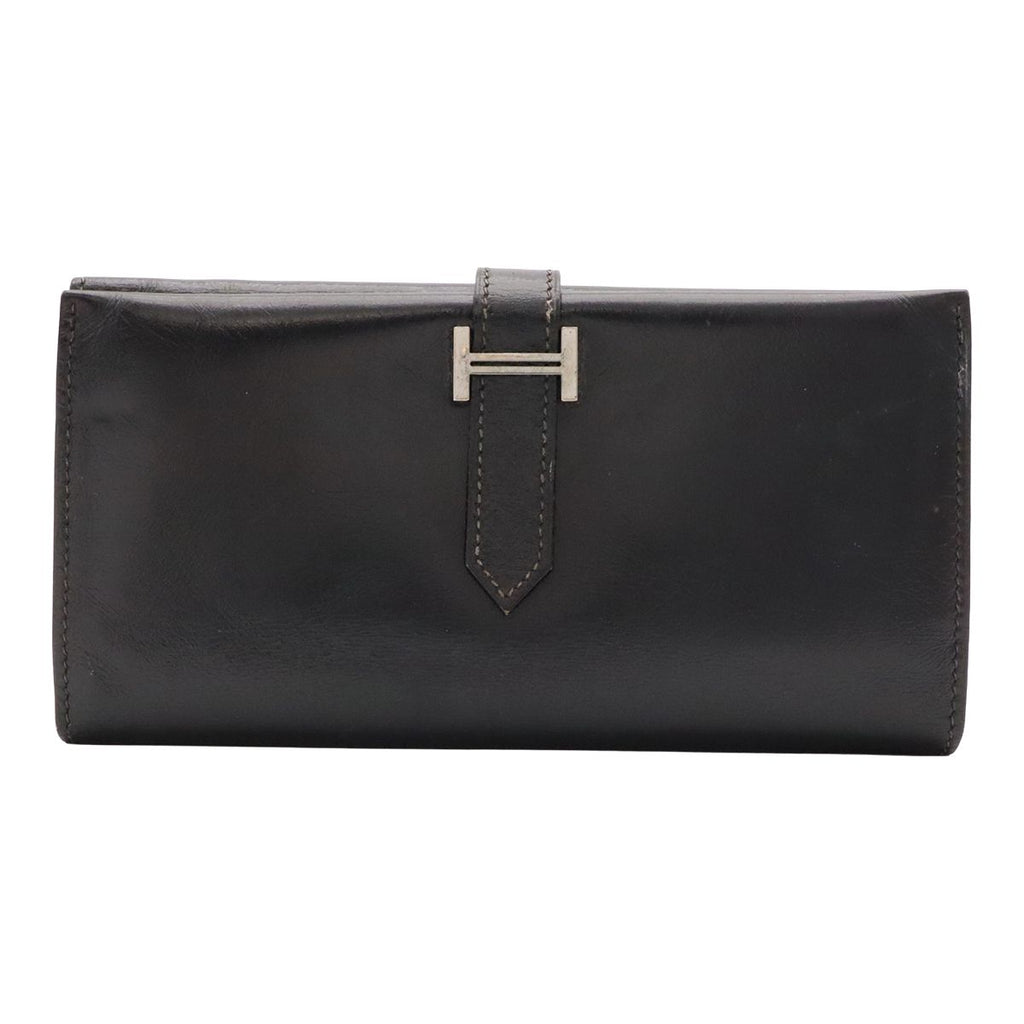 Hermes Bearn Dupri Wallet Trifold Box Calf Leather Black Silver