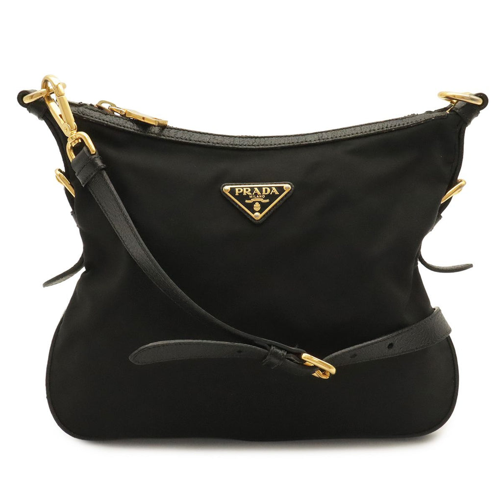 Prada Triangle Logo Shoulder Bag Crossbody Nylon Leather Nero Black Gold