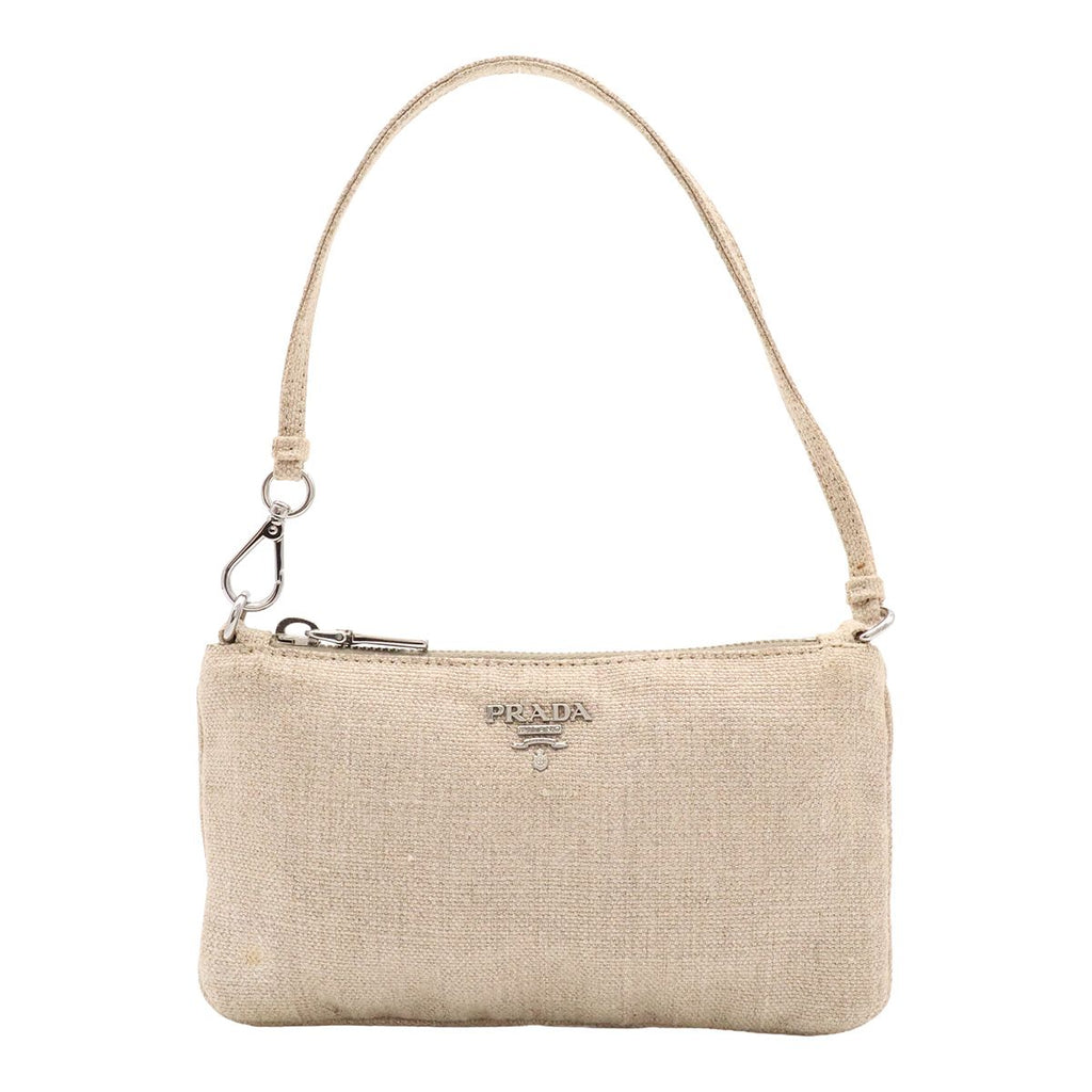 Prada Logo Pouch Party Mini Bag Jute Beige Silver