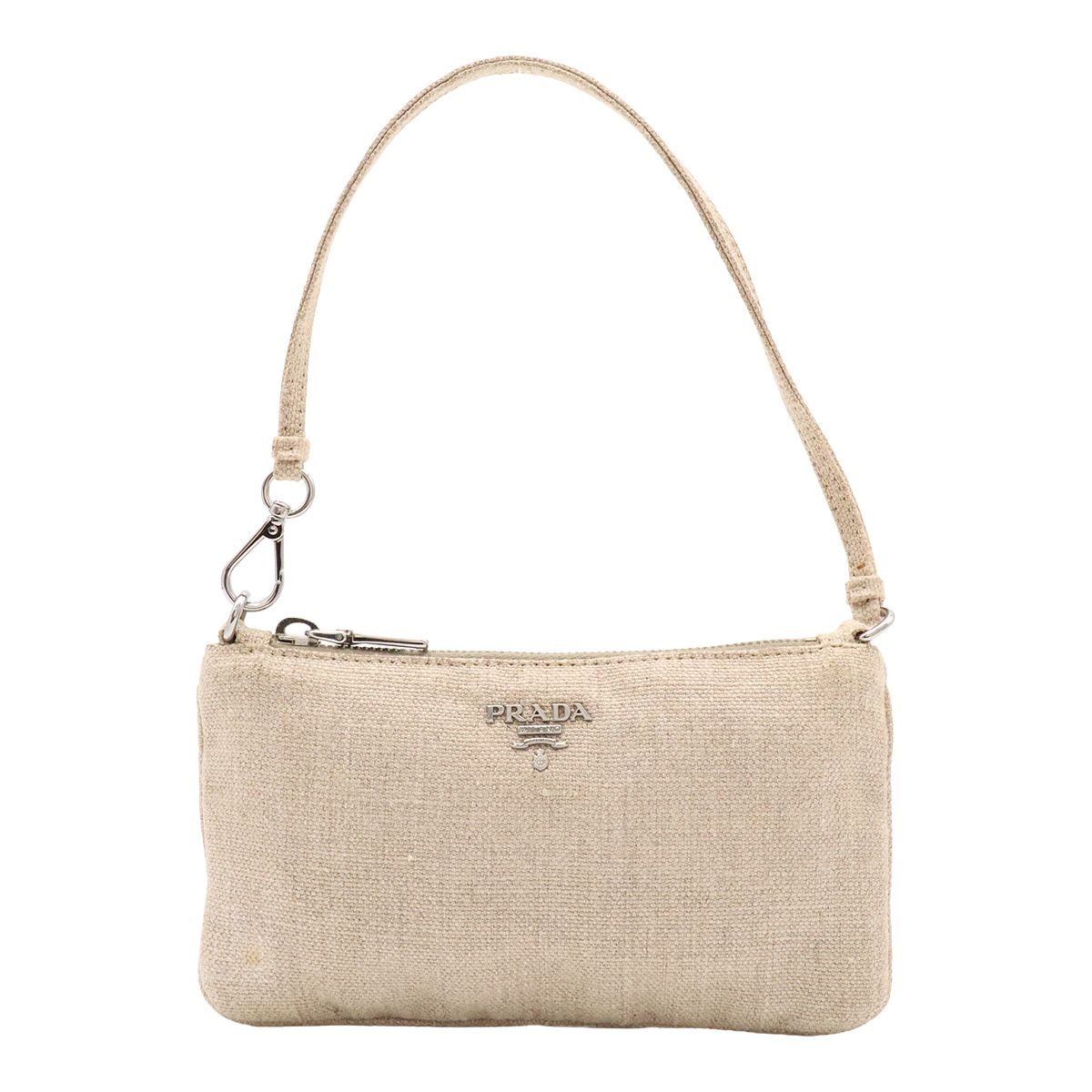 Prada Logo Pouch Party Mini Bag Jute Beige Silver