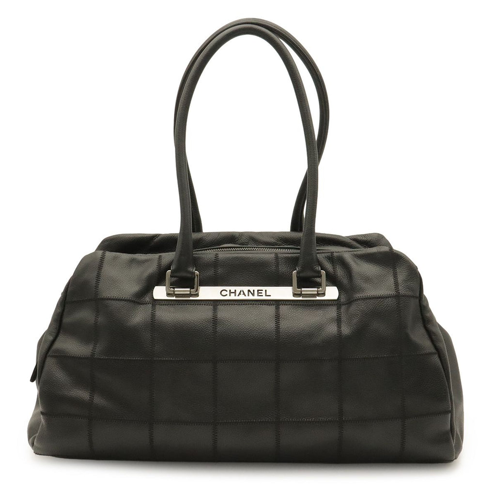 Chanel Choco Bar Boston Bag Shoulder Caviar Leather Black Silver