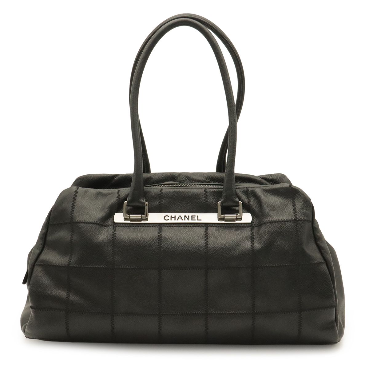 Chanel Choco Bar Boston Bag Shoulder Caviar Leather Black Silver