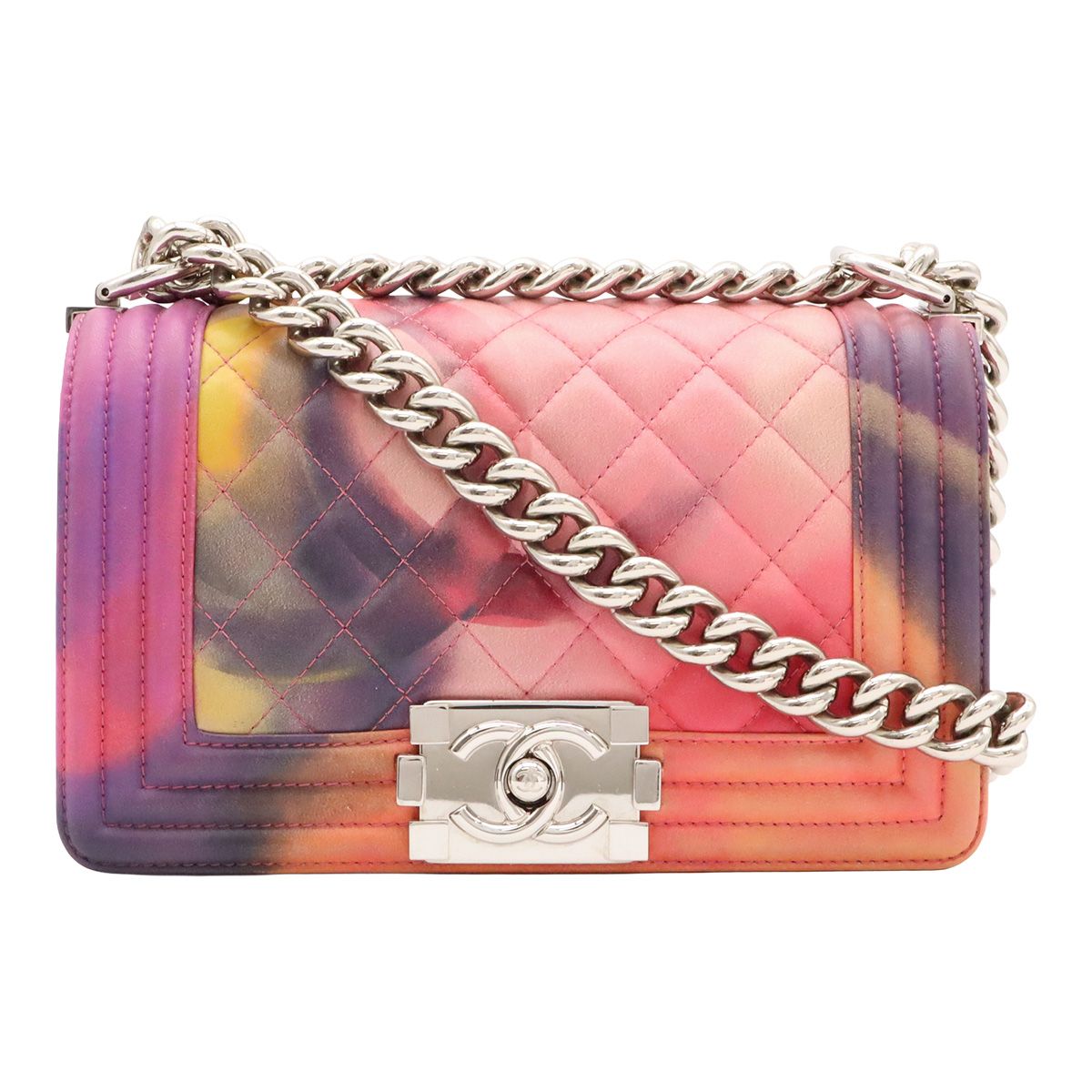 Chanel Boy Flower Power Quilted CC Logo Chain Shoulder Bag Leather Pink Purple