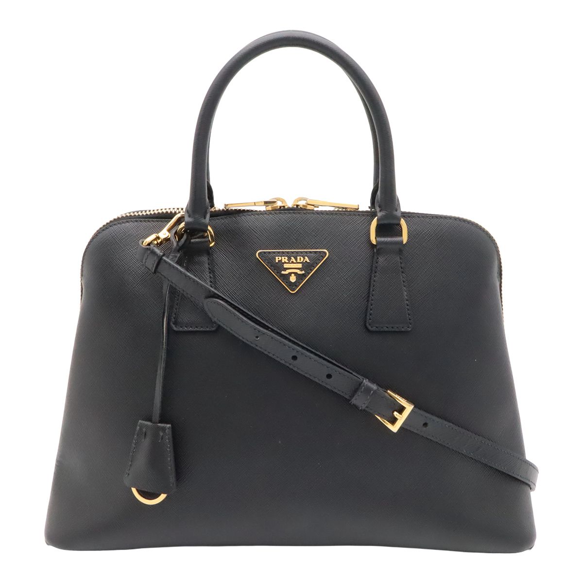 Prada Dome Shape 2-Way Shoulder Bag Crossbody Saffiano Leather Nero Black Gold