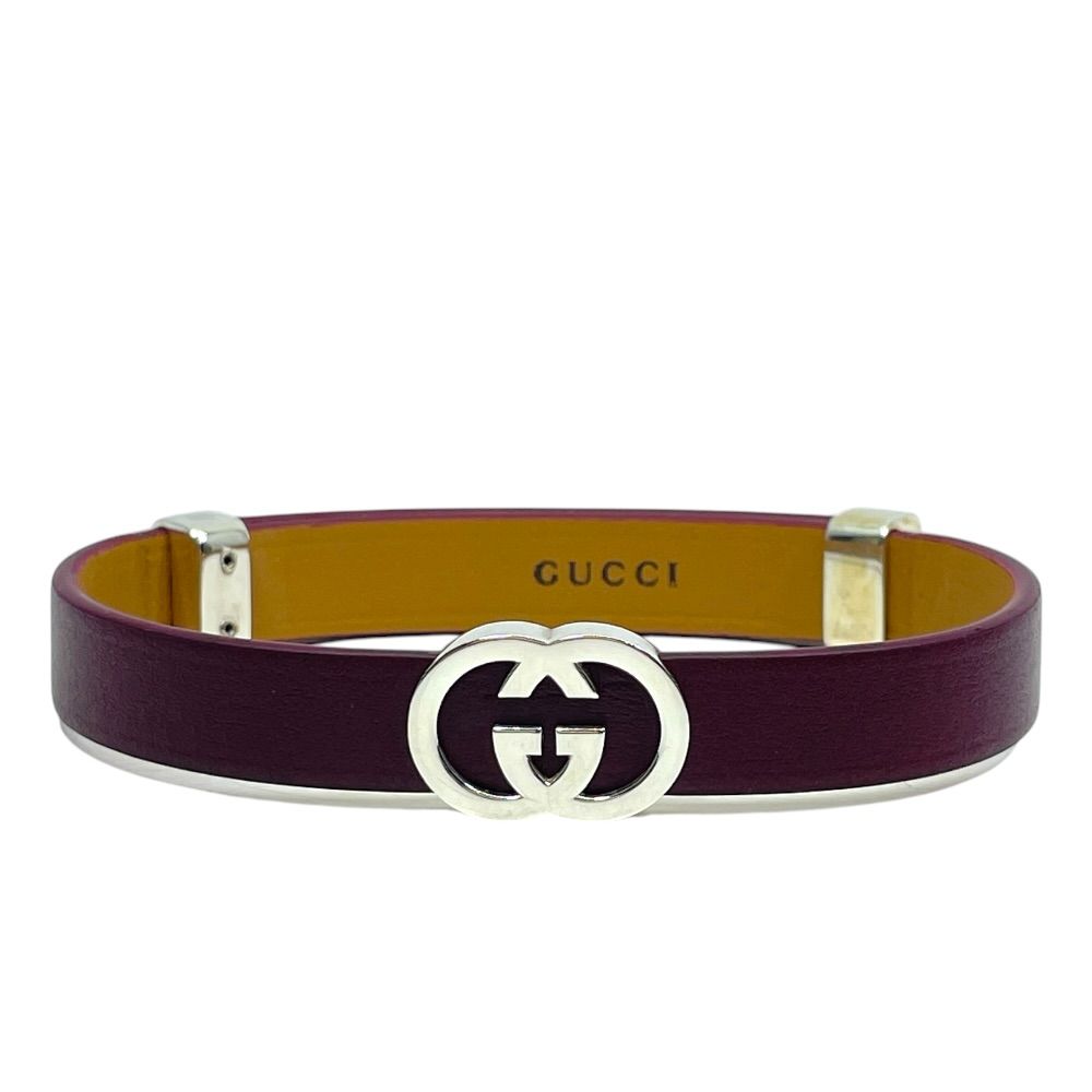 Gucci Bangle Bracelet Interlocking G Double G Leather Silver Bordeaux