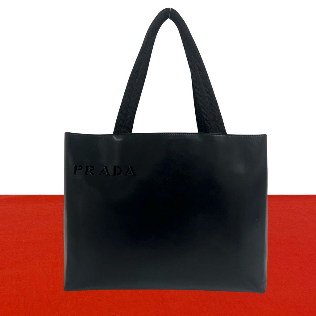 Prada Perforated Logo Shape Leather Tote Shoulder Bag Black