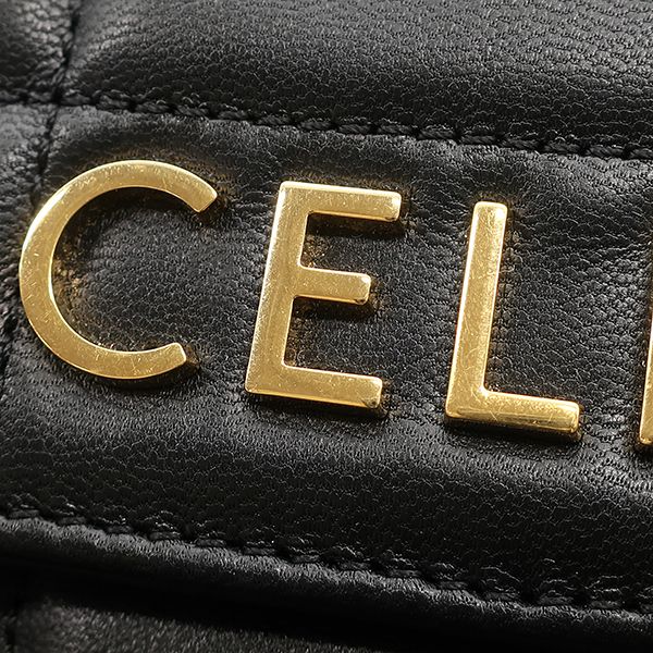 Celine Shoulder Bag Matelasse Monochrome Leather Black Gold Logo Chain — view 6