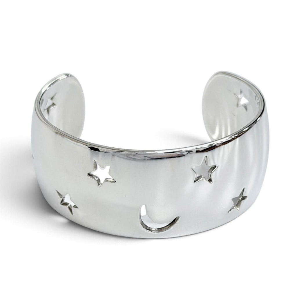 Hermes 925 Moon Star Bangle Bracelet Hollowed Out Design Silver Buddha