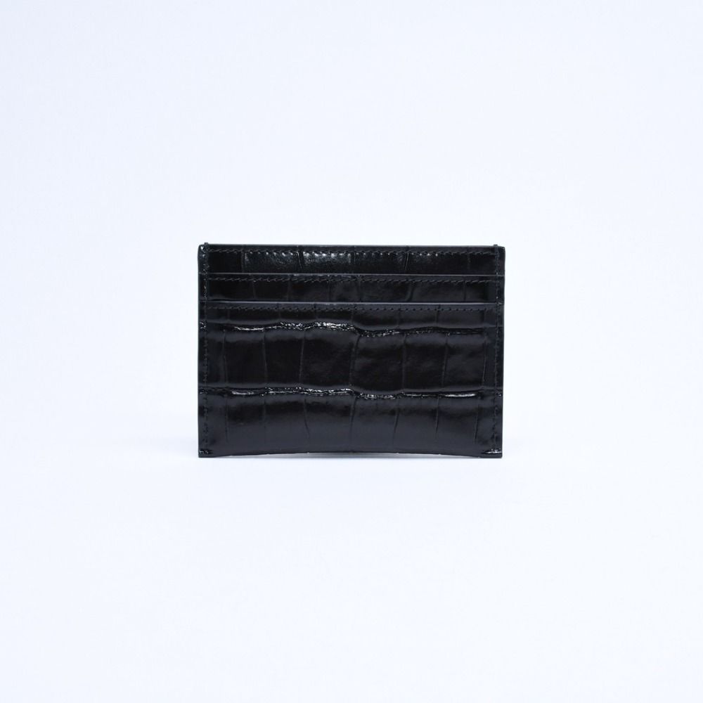 Chanel Card Case CC Logo Calfskin Crocodile Embossed Black Gold — view 3