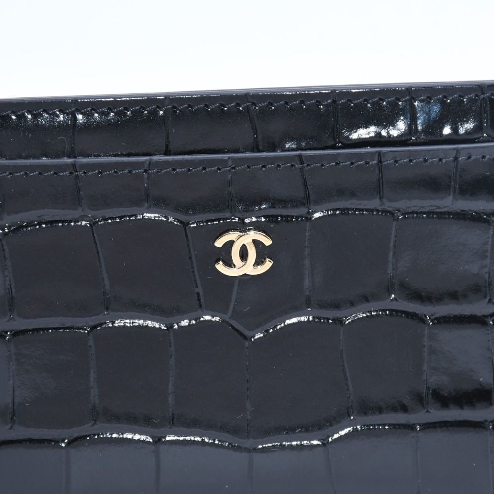 Chanel Card Case CC Logo Calfskin Crocodile Embossed Black Gold — view 4