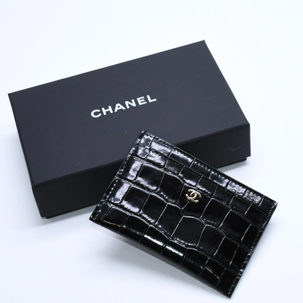 Chanel Card Case CC Logo Calfskin Crocodile Embossed Black Gold