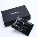 Chanel Card Case CC Logo Calfskin Crocodile Embossed Black Gold