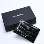 Chanel Card Case CC Logo Calfskin Crocodile Embossed Black Gold