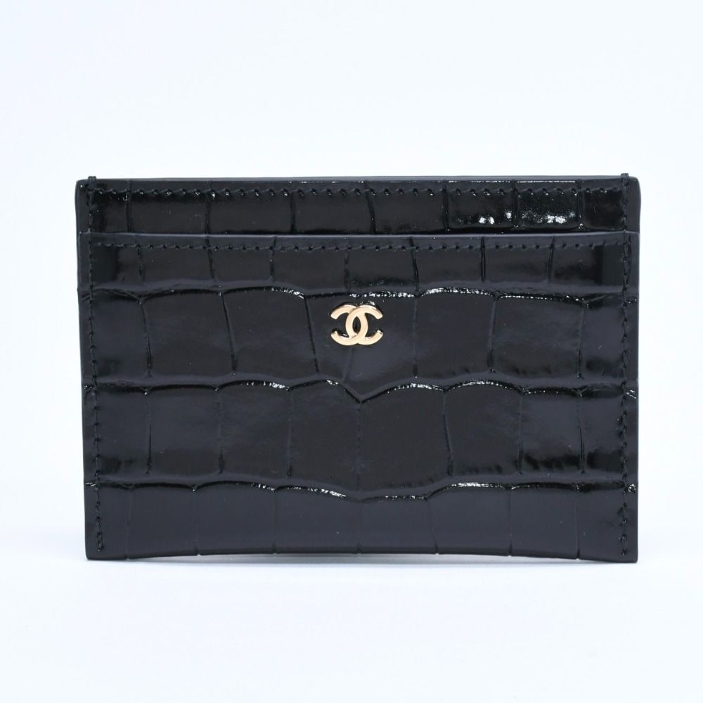 Chanel Card Case CC Logo Calfskin Crocodile Embossed Black Gold — view 2