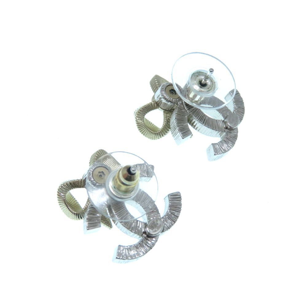Chanel CC Logo Rhinestone Ribbon Earrings Silver Gold — view 2