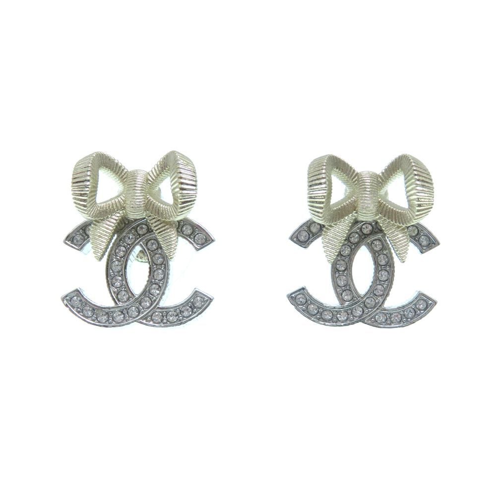 Chanel CC Logo Rhinestone Ribbon Earrings Silver Gold