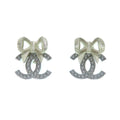 Chanel CC Logo Rhinestone Ribbon Earrings Silver Gold